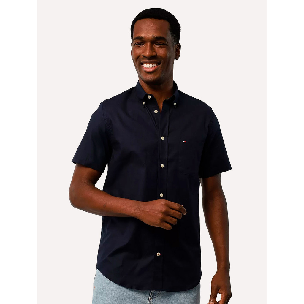 Camisa Tommy Hilfiger Original Masculina Manga Curta Regular Core Oxford Azul Ma