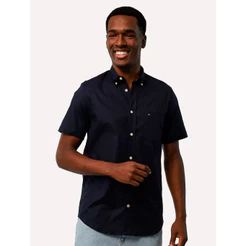Camisa Tommy Hilfiger Original Masculina Manga Curta Regular Core Oxford Azul Marinho