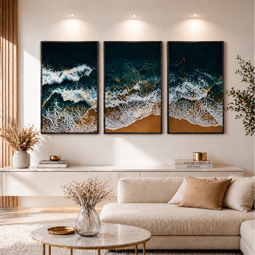 Quadro Decorativo 3 peças 122x60 Ondas do Mar Natureza Vibes