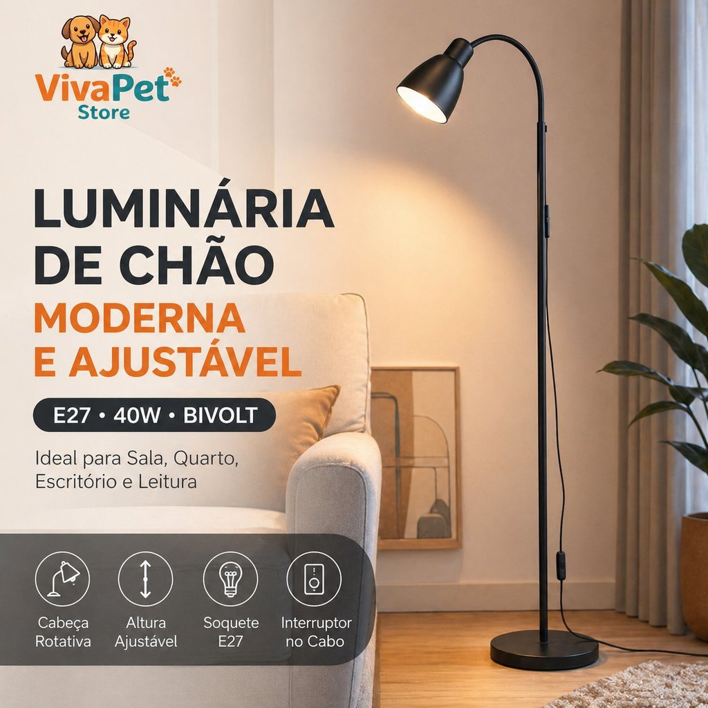 Luminária de Chão Moderna E27 Ajustável 40W Bivolt Abajur de Piso para Sala Quarto Leitura