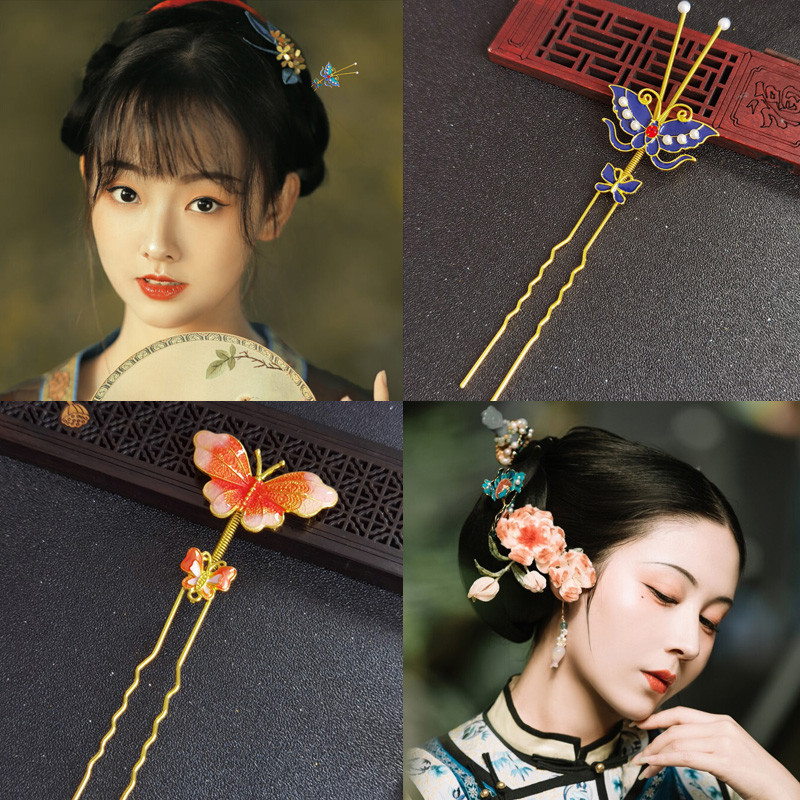 Antigo hairpin pérola queimado azul trêmula borboleta hairpin antigo traje Hanfu acessórios cocar All-Match primavera pa