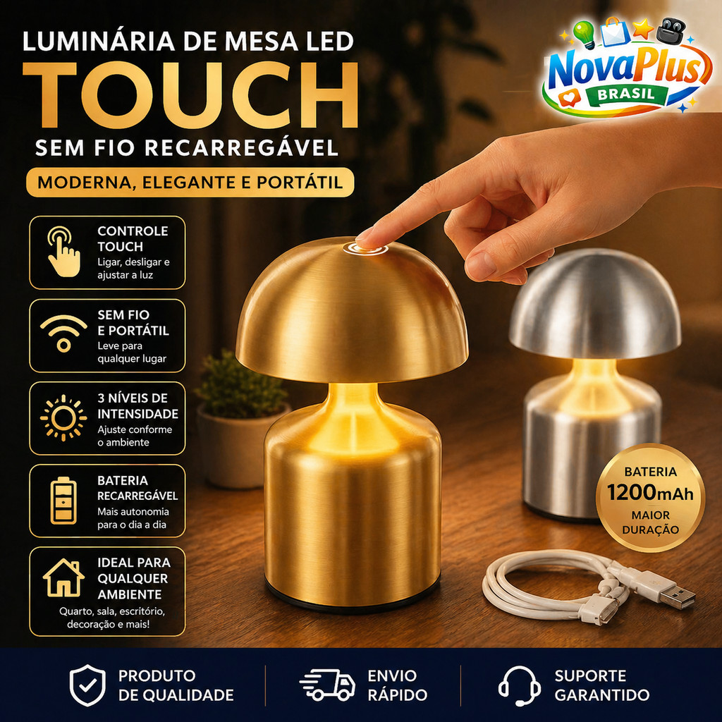 Luminária de Mesa LED Touch Sem Fio Recarregável Abajur Moderno 3 Níveis Luz Ajustável para Quarto Cabeceira Decoração
