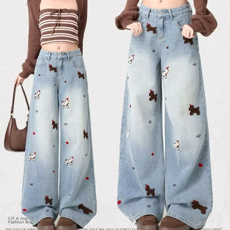 2026 Jeans Bordados De Perna Reta Com Desenhos Animados De Primavera , Cintura Alta Azul Claro Remendo De Cachorro Calça