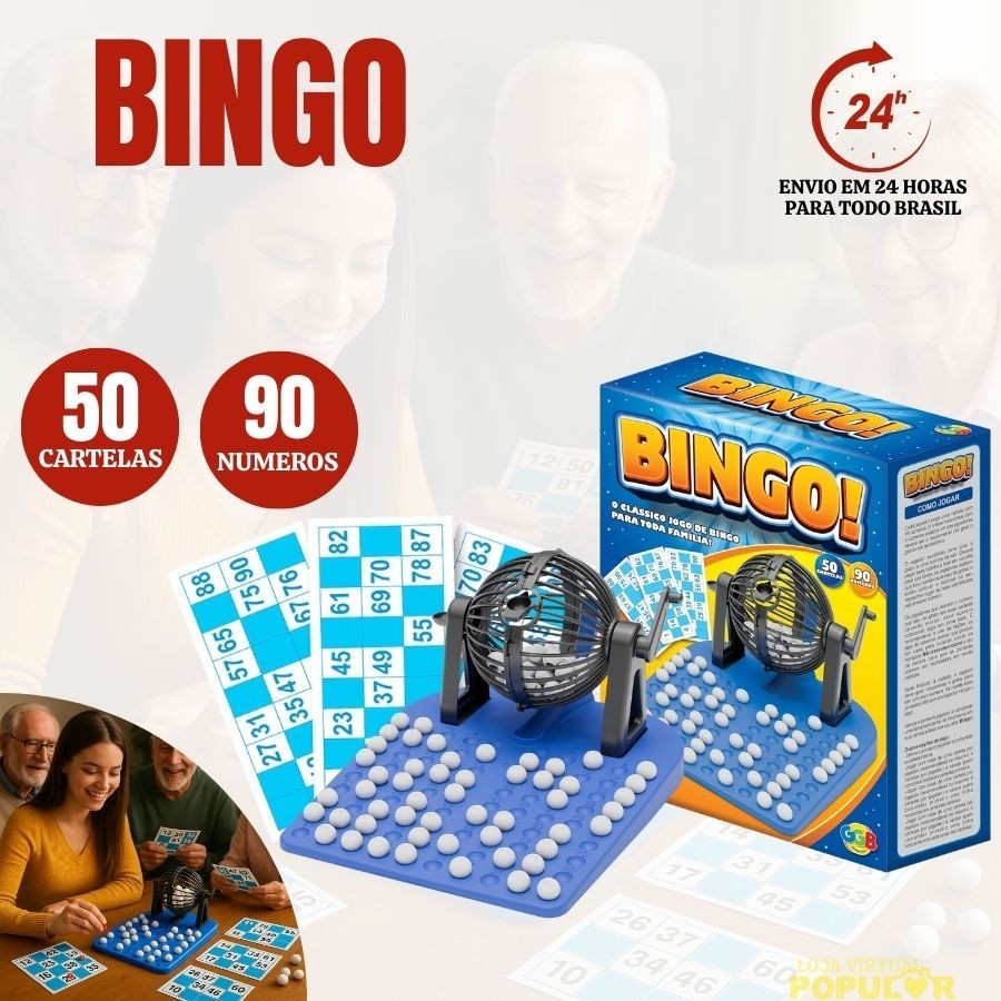 JOGO BINGO 90 NÚMEROS 50 CARTELAS GGB BRINQUEDOS FAMÍLIA CRIANÇA GLOBO BOLINHA MESA