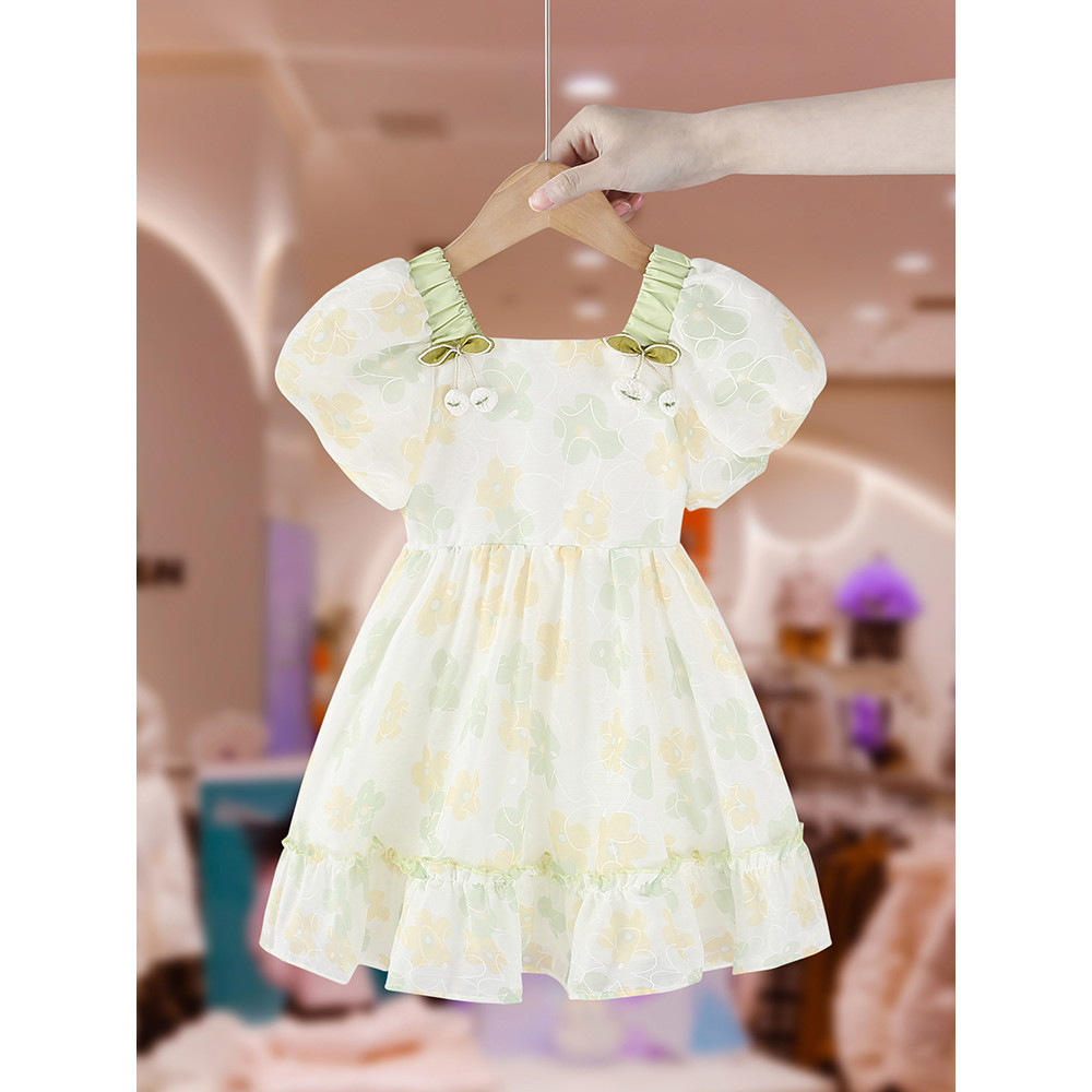 Meninas manga Puff vestido Floral verão 2026 novo estilo roupas infantis moda bebê menina respirável vestido de princesa