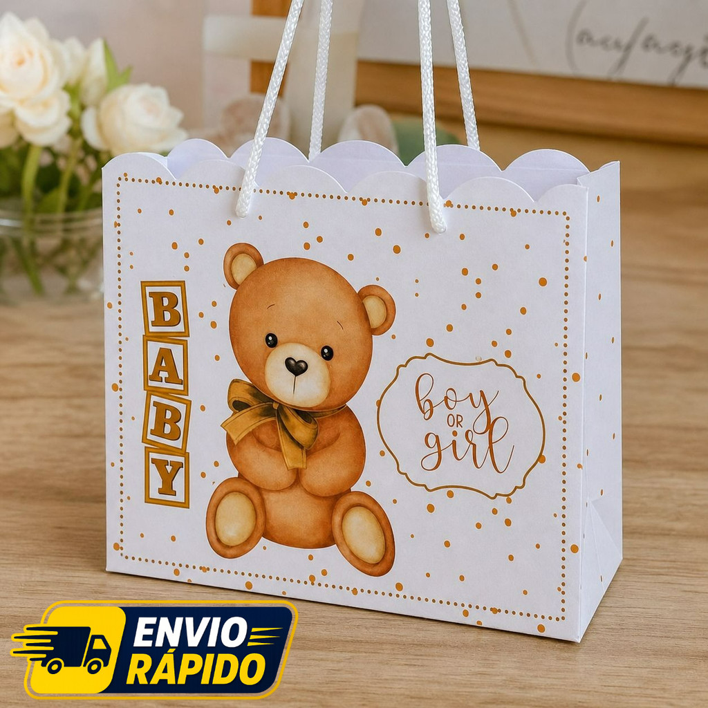 Ursinho dourado chá revelação Sacolinha Personalizada com Nome |  chá de bebê Lembrancinha Festa Infantil 20x15x7cm
