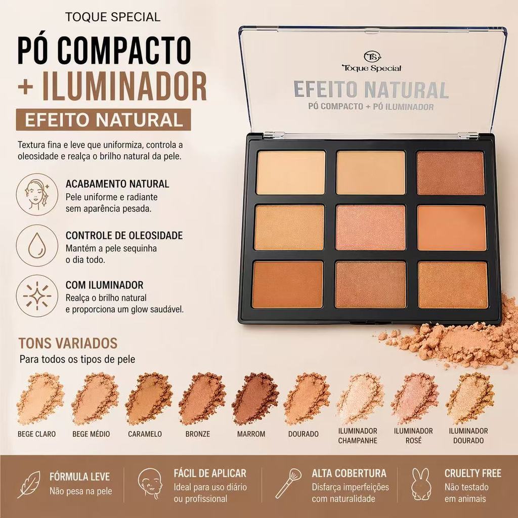 Kit 02 Paleta Pó Compacto + Iluminador Efeito Natural Maquiagem Profissional Contorno Facial