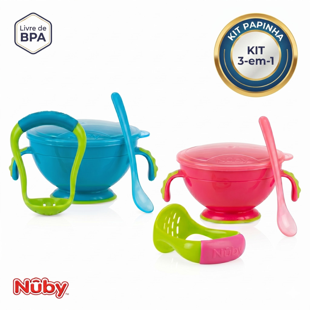 Kit Alimentação Bebê Nûby Preparador de Papinha Amassador Pote e Colher