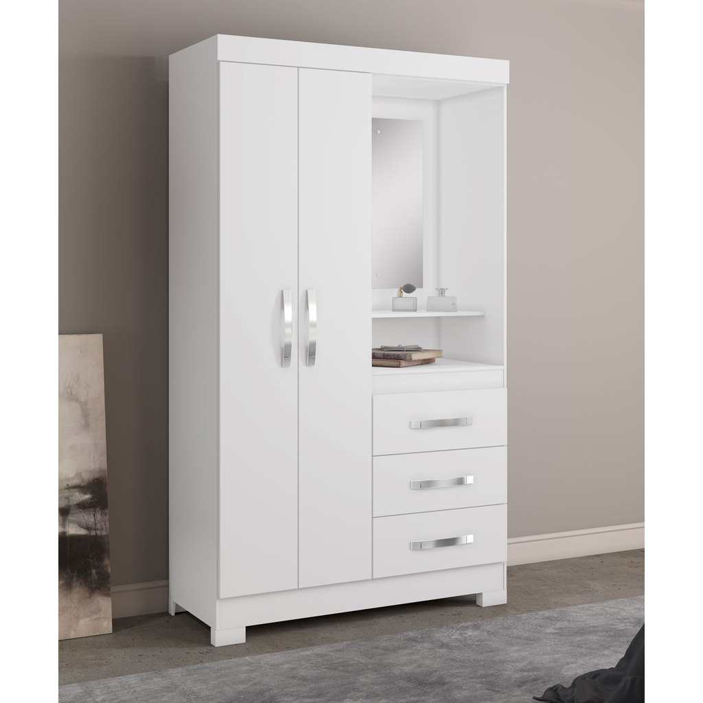 Guarda-Roupa Denali Moderno Para Quarto Solteiro com 2 Portas 3 Gavetas e Espelho Branco MoveisAqui