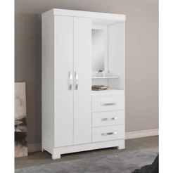 Guarda-Roupa Denali Moderno Para Quarto Solteiro com 2 Portas 3 Gavetas e Espelho Branco MoveisAqui