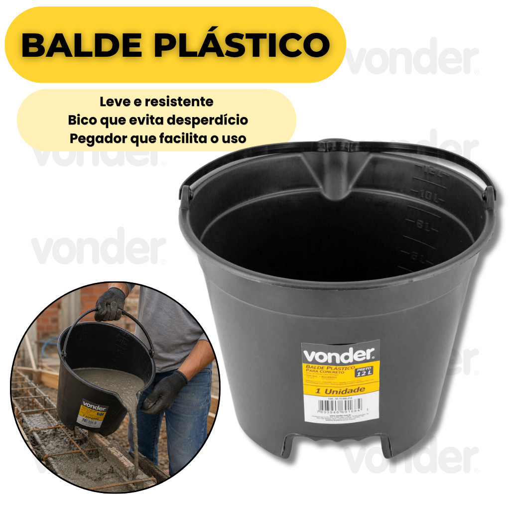 Imagem Balde Plastico Para Concreto 12L Com Bico E Pegador Vonder Leve Resistente Construção Civil Tops
