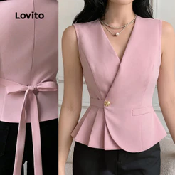 Lovito Blusa Elegante Assimétrica com Pregas e Botões Rosa Claro Primavera/verão para mulheres LK5ED1220