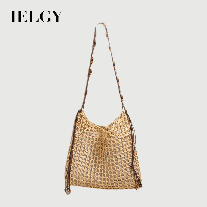 IELGY Bolsa de palha quadrada de um ombro com contas de madeira estilo férias Bolsa de praia oca
