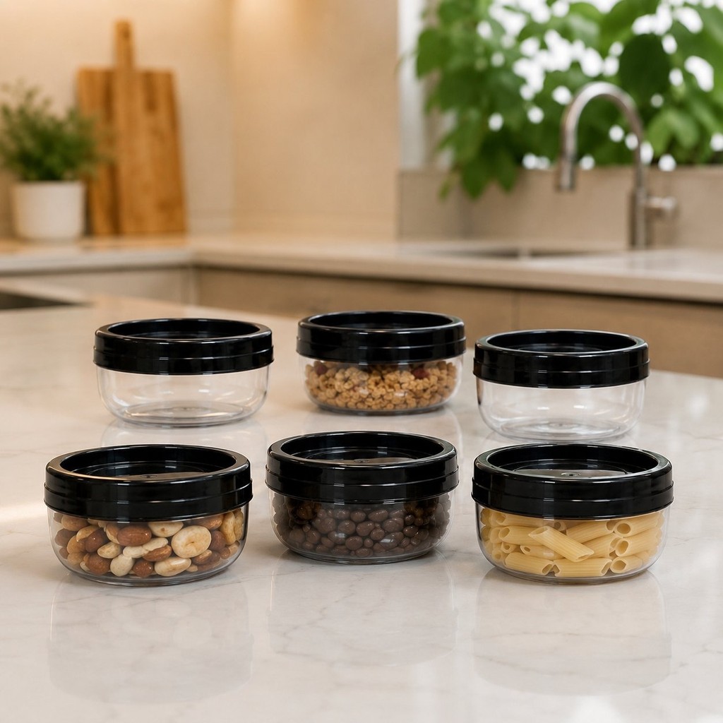 Kit 6 Potes Organizador Gire e Trave 315ml Preto Herméticos Cozinha Geladeira Mantimentos