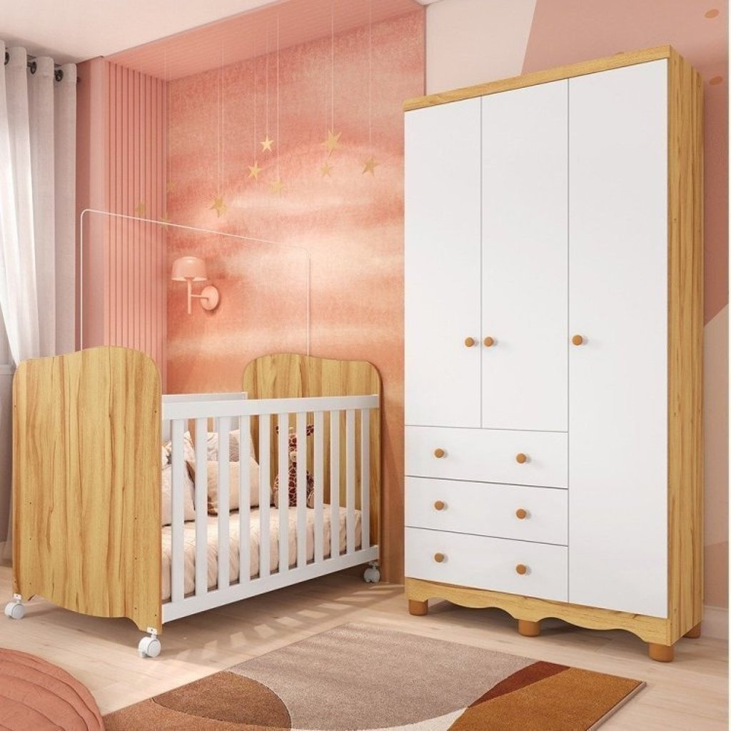Quarto de Bebê com Guarda Roupas 3 Portas e Berço com Rodízios Mimo 100% MDF Espresso Móveis Branco Brilho/Amêndoa