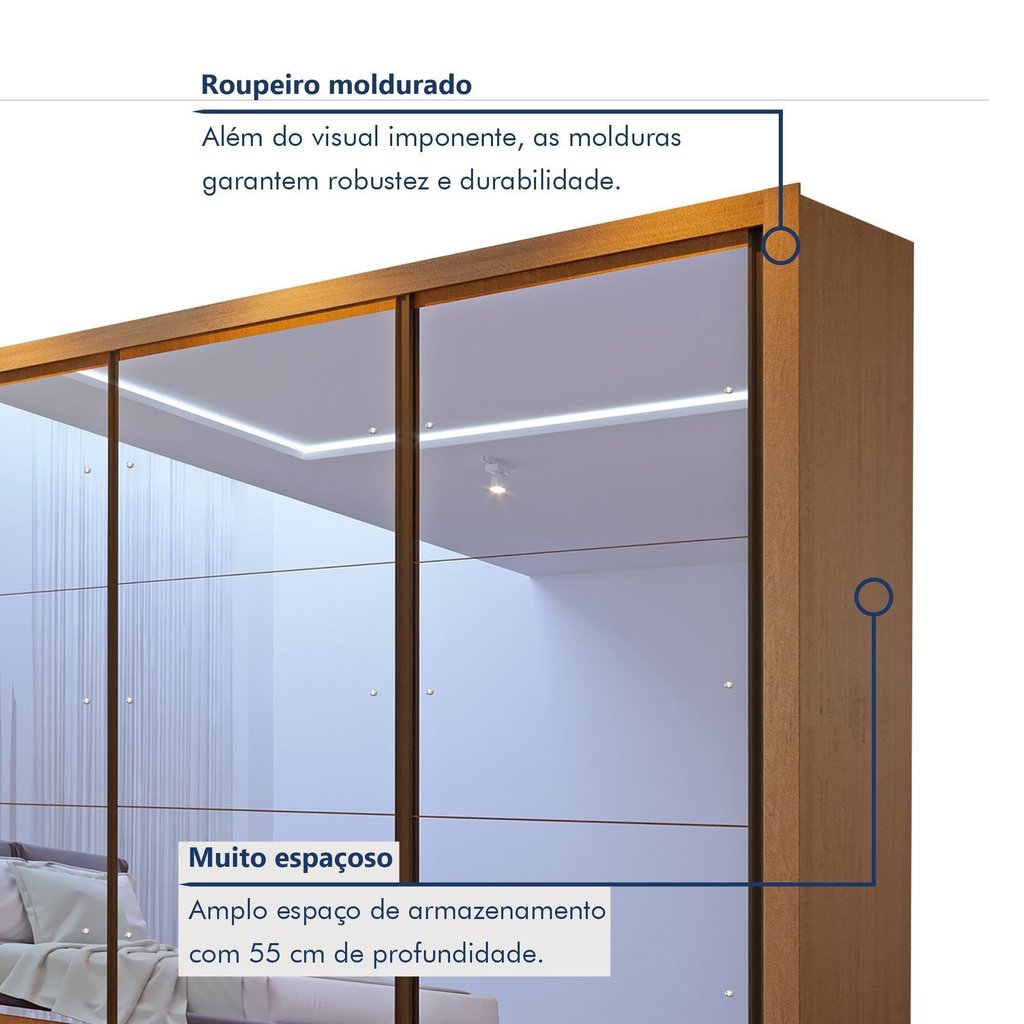 Guarda Roupa Casal Premium Lux 242cm com Espelho 3 Portas 6 Gavetas Yescasa Carvalho