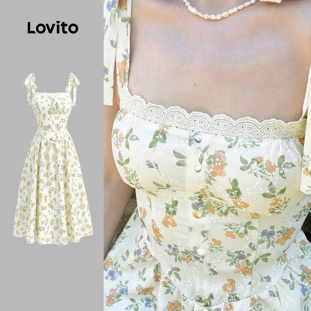 Lovito Floral Férias Vestido Romântico Com Amarração Nos Botões E Gola Com Babad