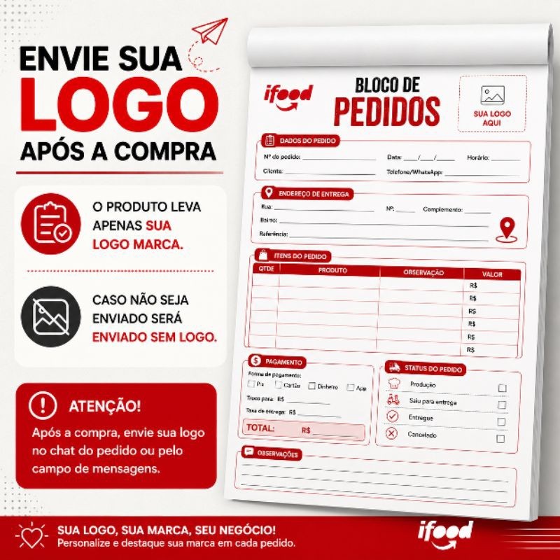 Bloco de Pedidos iFood Personalizado 10x14 cm ou 14x20cm | Talão Delivery Lanchonete Restaurante Delivery Pedido Balcão