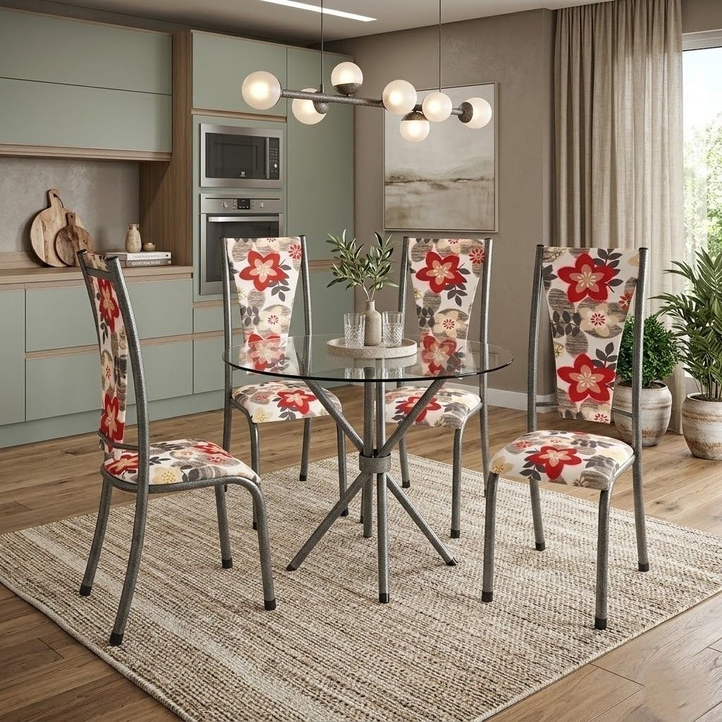 Conjunto de Mesa Redonda Tampo de Vidro 4 Cadeiras Dubai Prata/Jacquard Belize