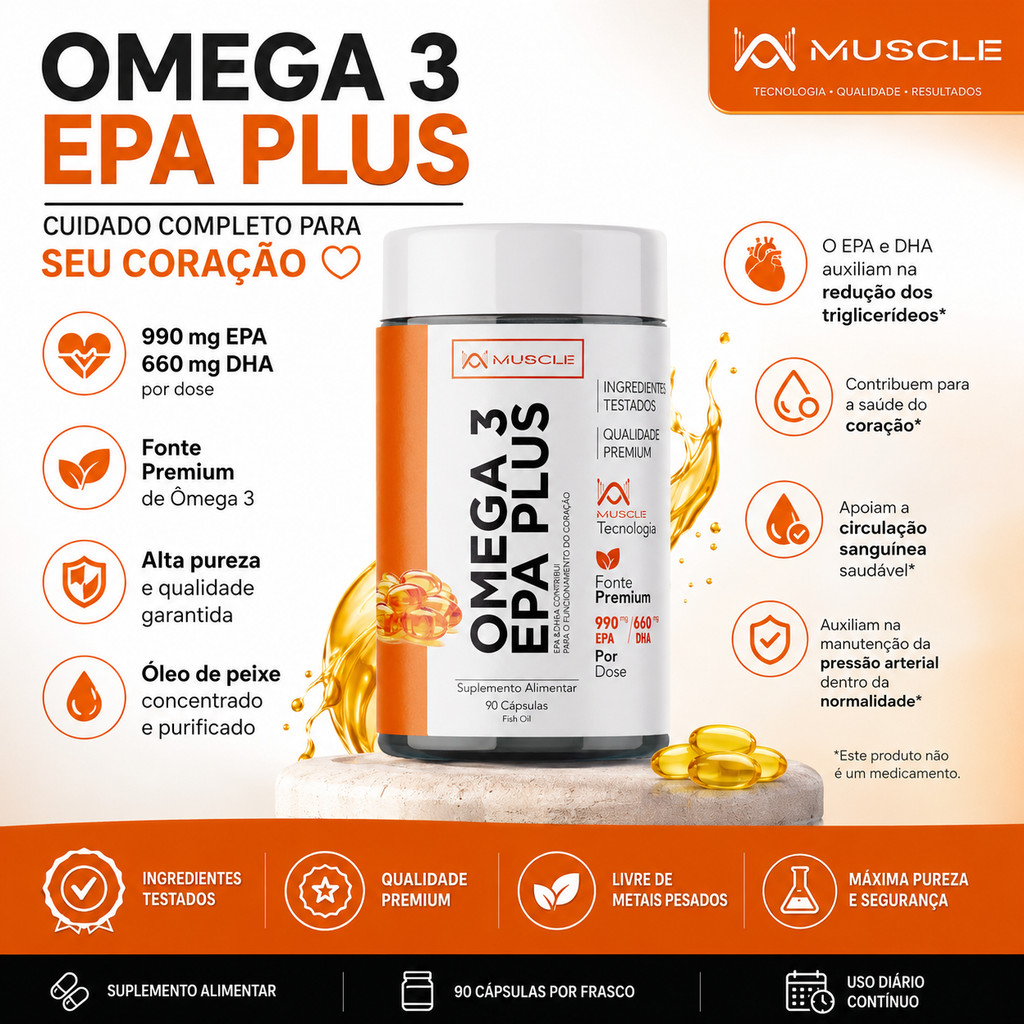 Ômega 3 EPA Plus 990mg + DHA 660mg – Óleo de Peixe – Suplemento Premium Muscle