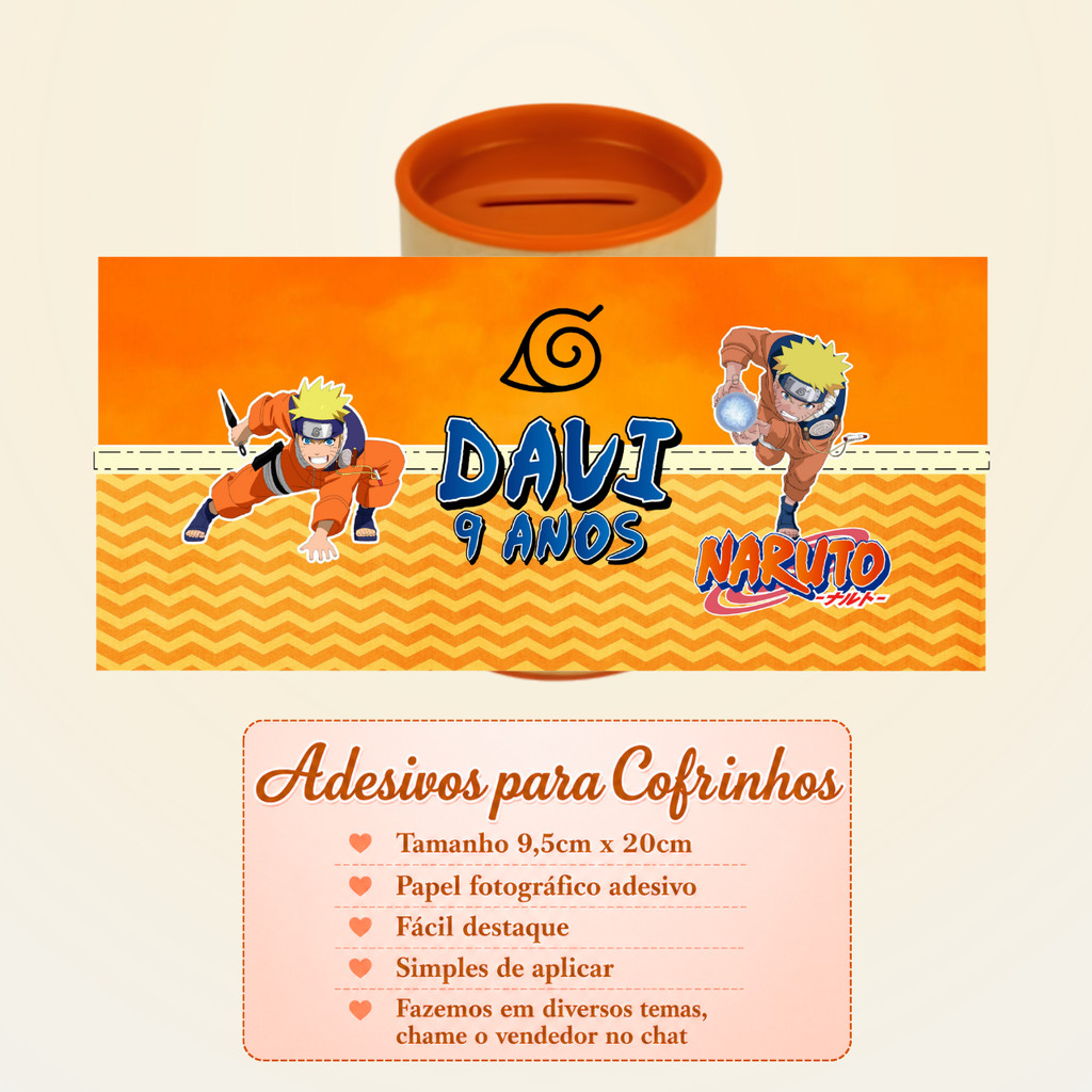 Rótulo Adesivo para Cofrinho Naruto | Festa Infantil | Aniversário | Lembrancinha