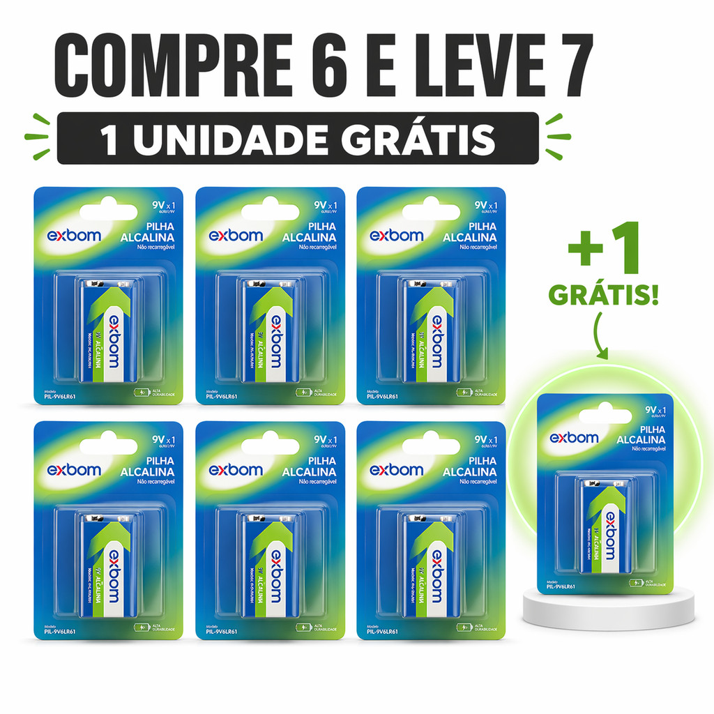 Kit 6 Pilhas Alcalinas 9V Exbom Cartela Brinquedos Violão Microfone Alta Durabilidade