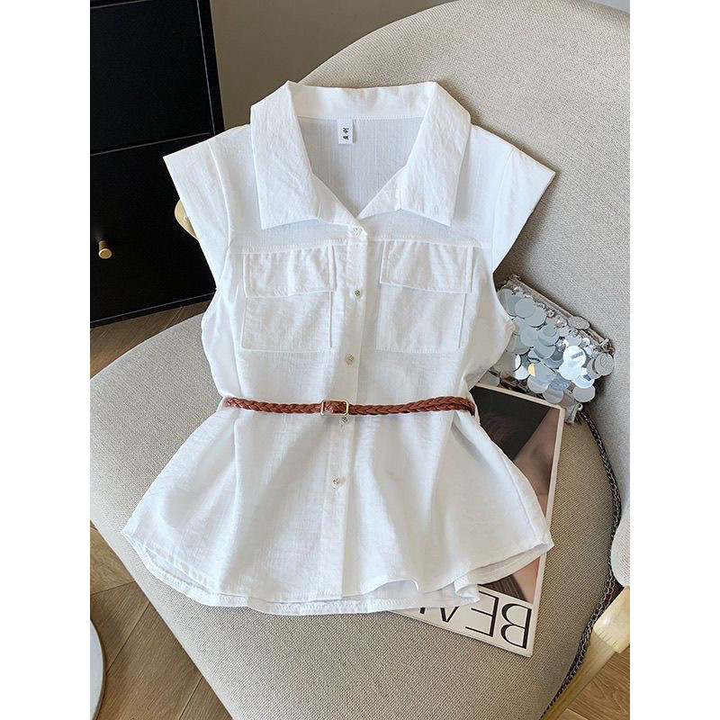 Elegante gola POLO costura camisa solta feminina verão Design colete único Breasted topo elegante camisa de cintura estr