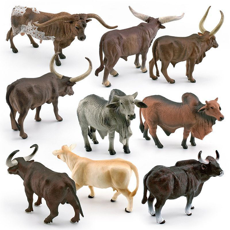 Modelos realistas de animais simulados: vaca, búfalo, touro, zebu, touro. Brinquedos e decorações para educação científi