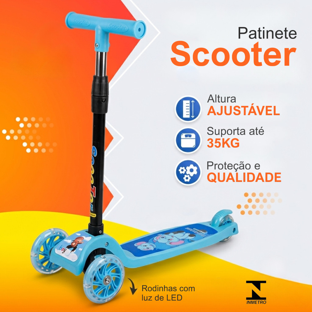 Patinete Infantil 3 Rodas LED Ajustável Dobrável Menino ou Menina Até 35kg