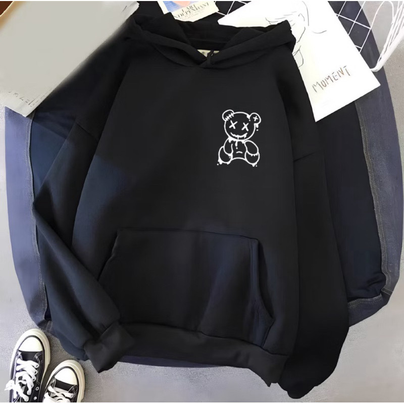 Blusa Moletom Canguru Feminino Unissex Flanelado Algodão Estampado Capuz Inverno Preto Urso90