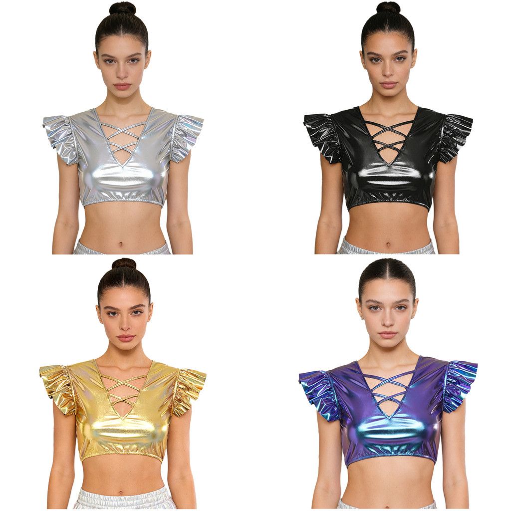 Yeahdor Top Feminino De Dança Jazz Metálico Brilhante Com Tiras Em Forma De V Recorte Babados Manga Voadora Pulôver Irid