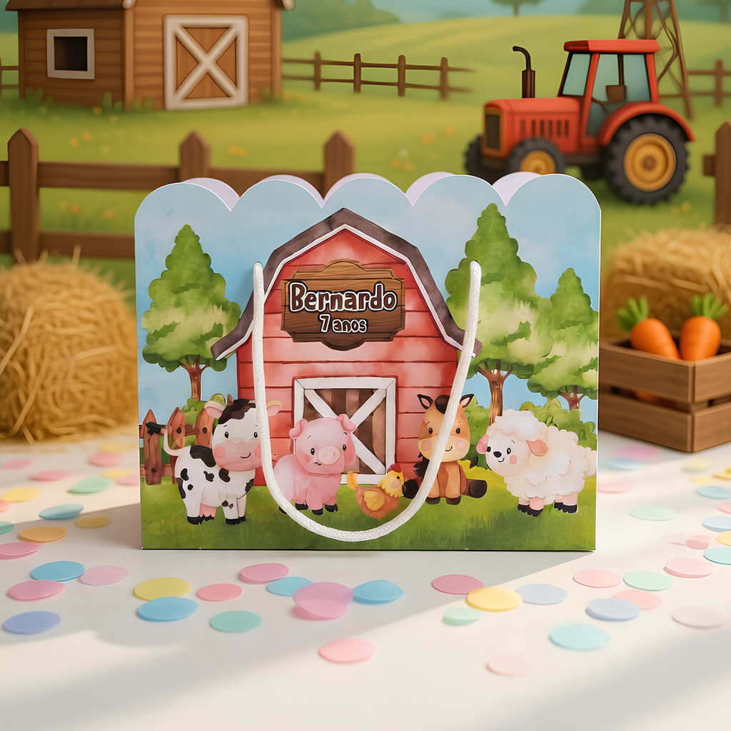 Kit Sacolinha Sacola Papelaria Personalizada Fazendinha Sacolinha de Lembrancinha Caixinha para Festa