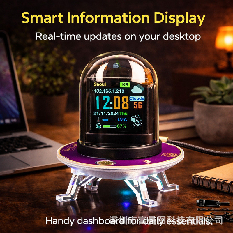 UFO Smart Relógio WiFi Weather Time Display Crypto Stock Monitor RGB LED De Mesa Multifuncional