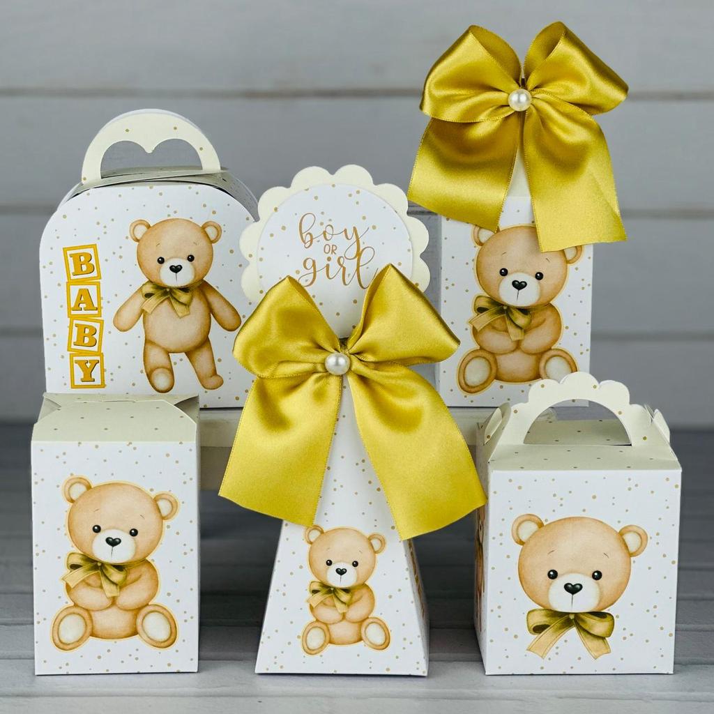 Kit Festa Chá Revelação Baby Ursinho Bege Dourado Neutro PEGUE E MONTE  Personalizado | Lembrancinhas Caixas Aniversário