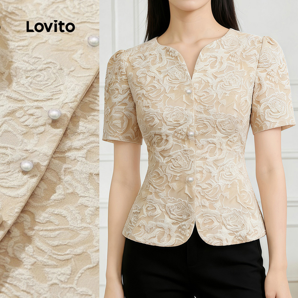 Lovito Elegante Blusa Jacquard Estrutura Feminina Primavera/verão Damasco LK4ED883