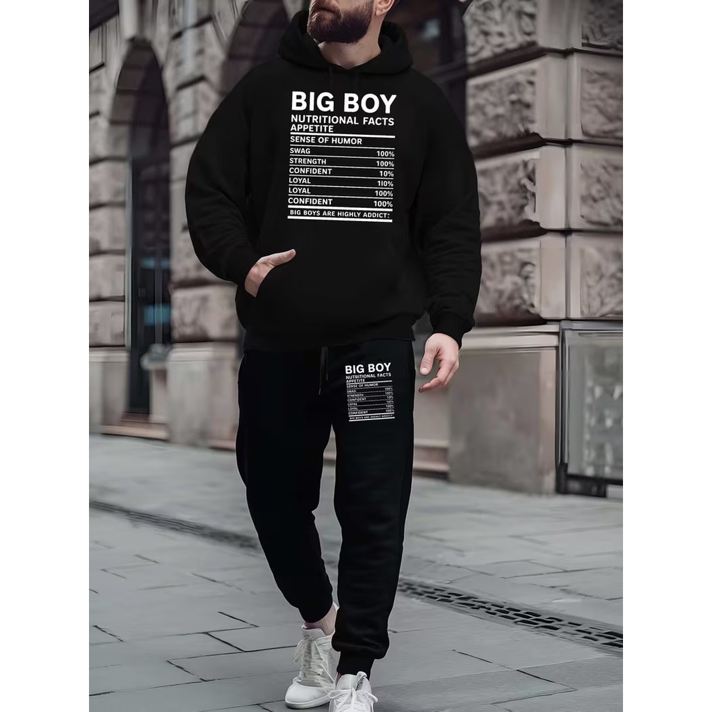 Conjunto Moletom Masculino Big Boy Blusa De Frio Canguru Bolso e Capuz + Calça Moletom Estampados Unissex Outono/Inverno