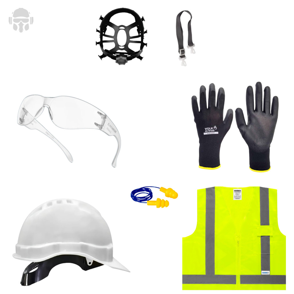 Kit EPI Segurança do Trabalho Colete Óculos Luva Protetor Auditivo e Capacete C/ Jugular e Suspensão
