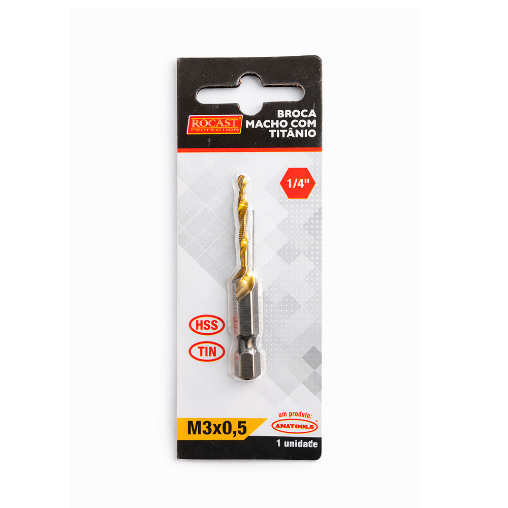 Broca Macho Aço HSS-TiN M3 x 0.5mm com Encaixe 1/4" Rocast 531,0002