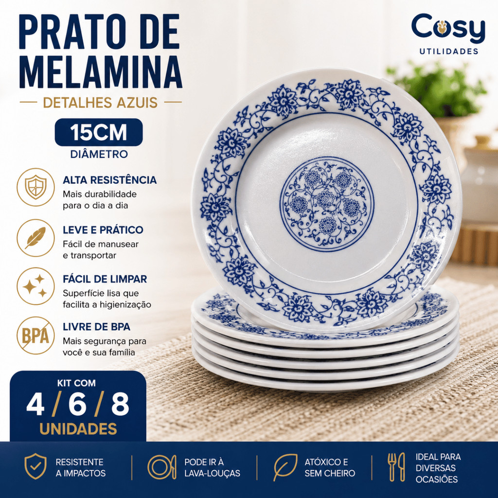 Kit 4/6/8 Prato Melamina 15cm Diametro Detalhes Azuis - Cosy / Mesa Servir Sushi Sobremesa Utensílio
