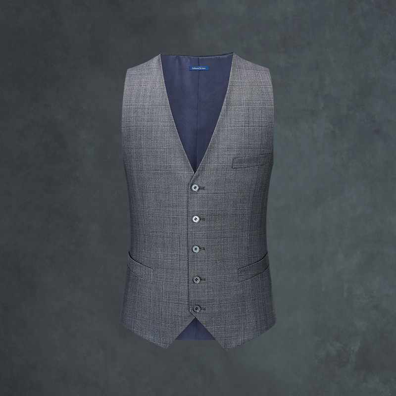 [Aojia] Colete masculino xadrez de lã pura, colete Casual de negócios, colete Slim fit cinza