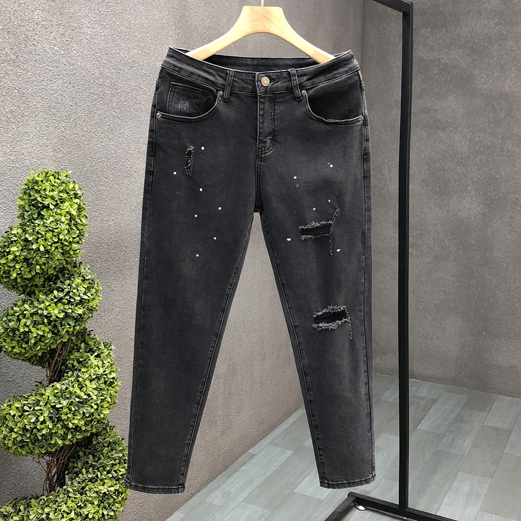Design Sense Preto Rasgado Jeans Masculino Street Wear Slim-fit Calças Skinny 2025 Outono High-End Masculino Tornozelo-L