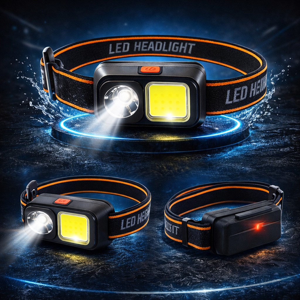 Lanterna de Cabeça LED COB Recarregável USB-C Alta Potência Mineiro Headlamp Leve e Ajustável