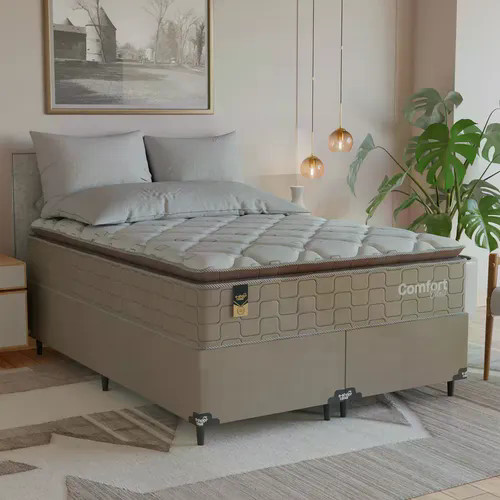 Cama Box Casal Bipartido + Colchão Comfort Class Pillow Top Bege/suede Bege