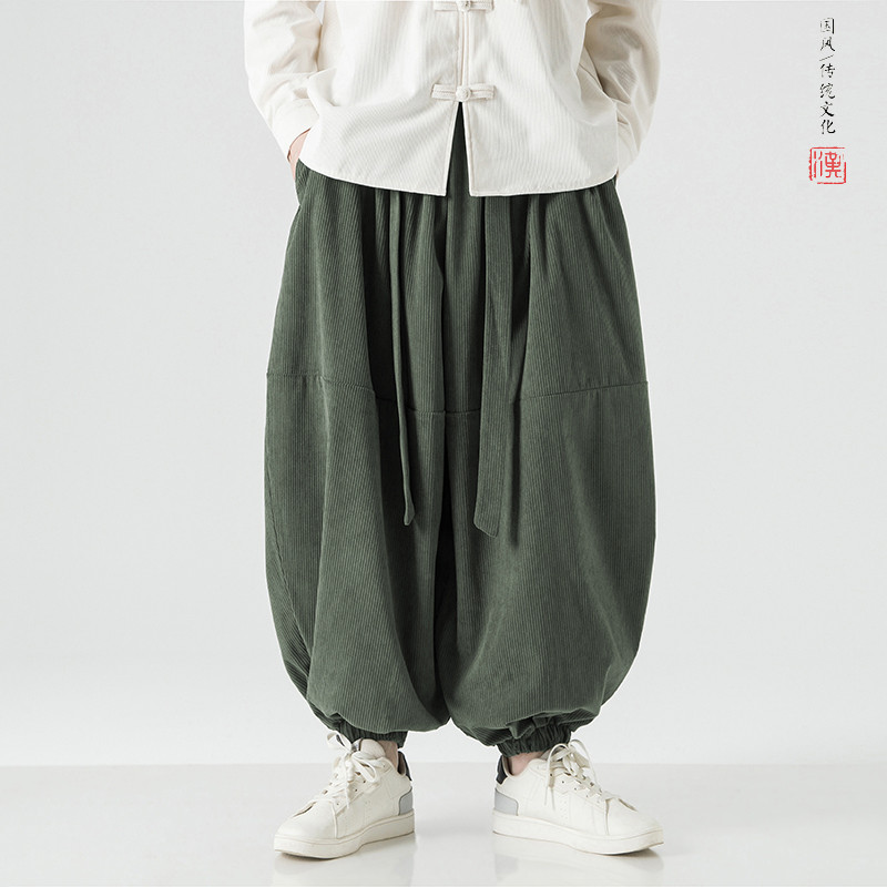 Calças de veludo masculinas estilo chinês Retro Harem calças outono Plus Size calças masculinas soltas de perna larga Bl