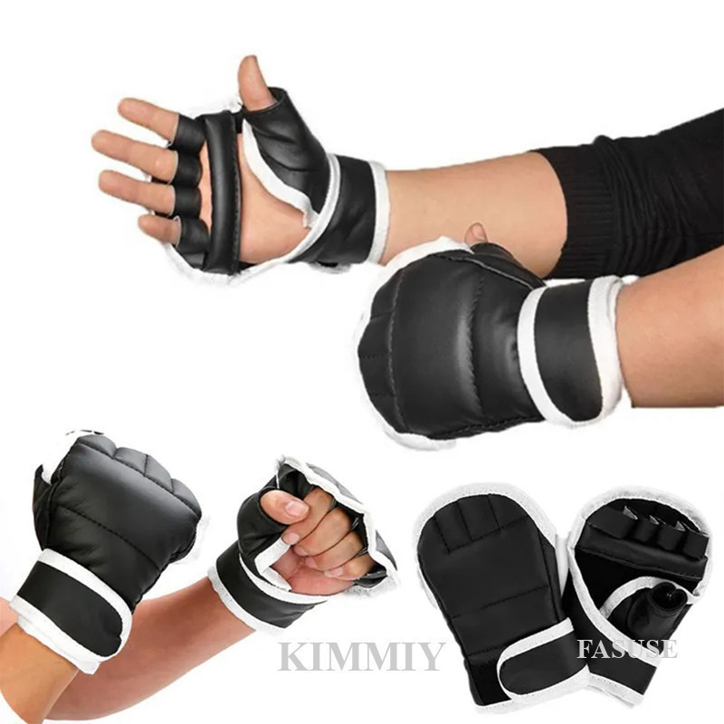 Jinmifeisi 1 Par Luvas de Boxe Pretas de Meio Dedo Couro Plutônio Combate Chute Karatê Muay Thai Treinamento Crianças EX