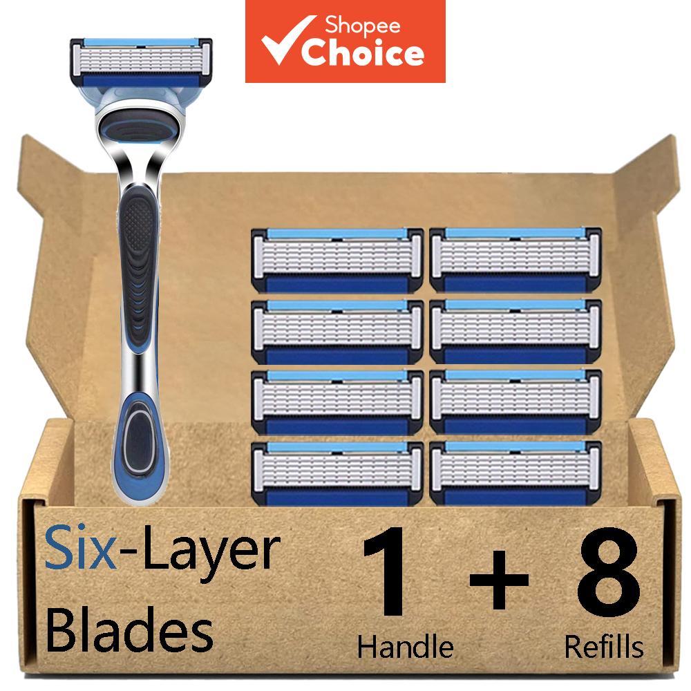 Kit de barbeador manual masculino com 6 lâminas, incluindo 1 cabo e 8 lâminas de reposição, recargas para lâminas de