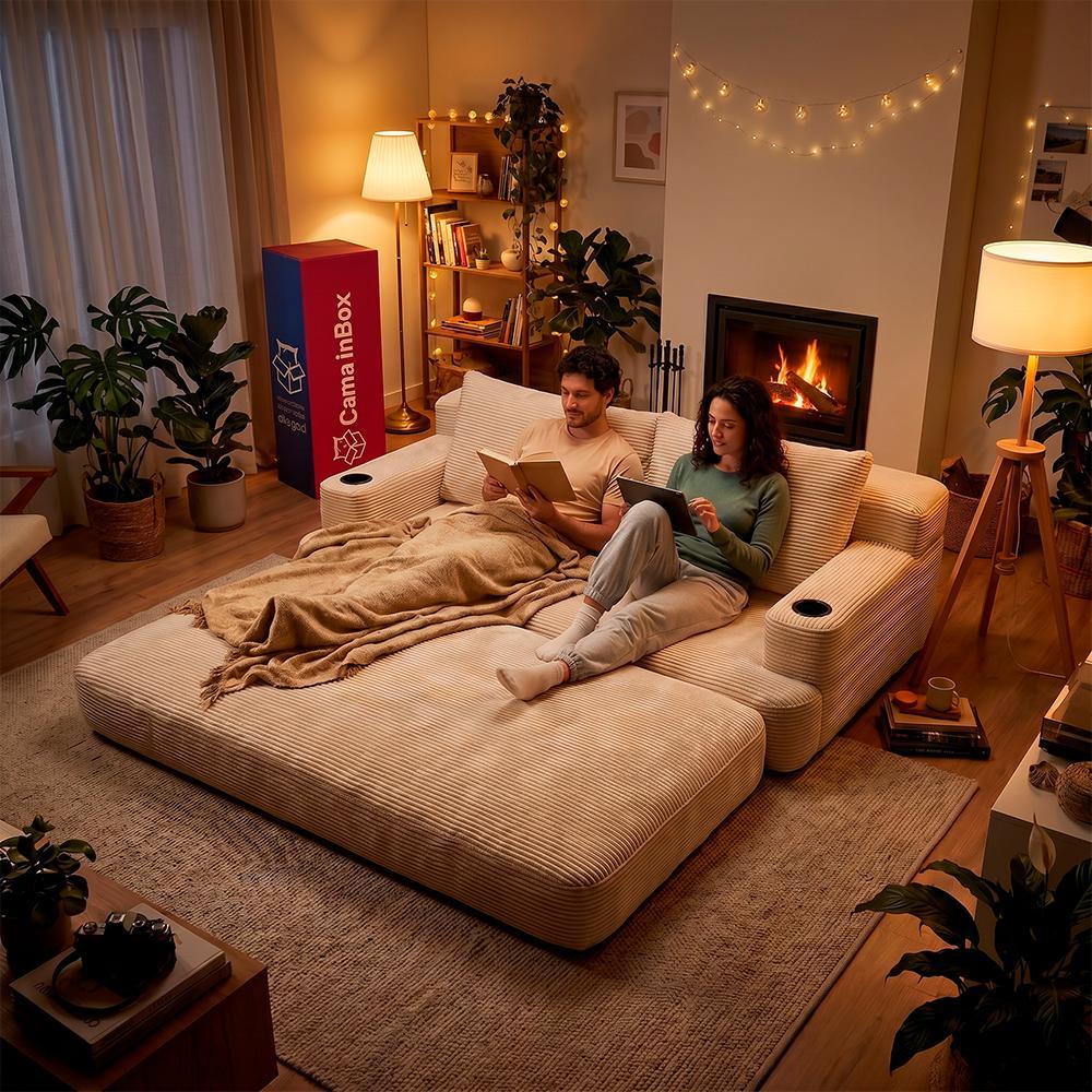 Sofá Cama Nami 1,50m Xpand Tech Tecido Velourê Bege Cama inBox · foto 2
