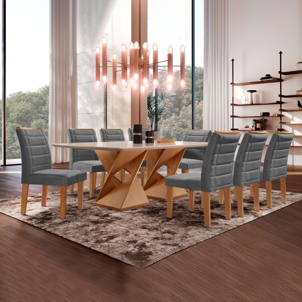 Conjunto Sala de Jantar Genova Tampo Vidro/MDF com 8 Cadeiras Genova Smart Plus