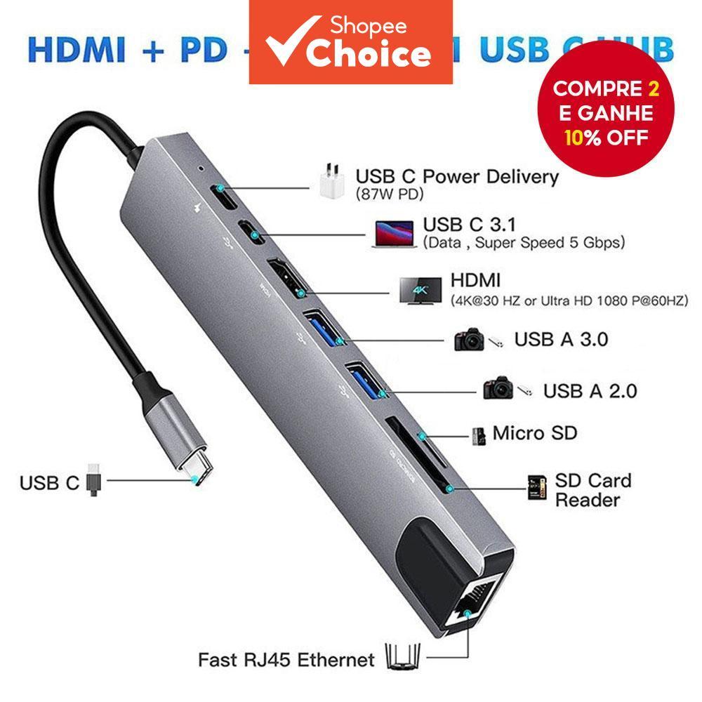 Hub USB C Tipo C para HDMI 8 em 1 Porta de Conversão 4K 60Hz para Macbook/iPad/Laptop/Celular