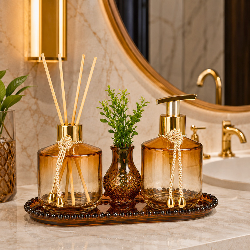 Kit Lavabo Luxo 4 Peças Vidro Âmbar Com Dourado Bandeja Acrílico Vaso Flor  Banheiro  Casa Primo